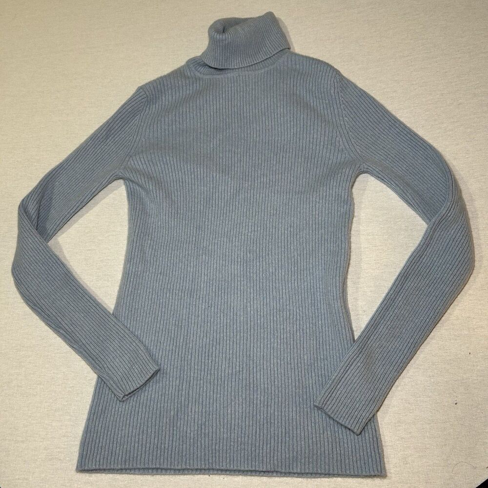State Cashmere Women's Ribbed Turtleneck Sweater size M in "Bella Blue"
